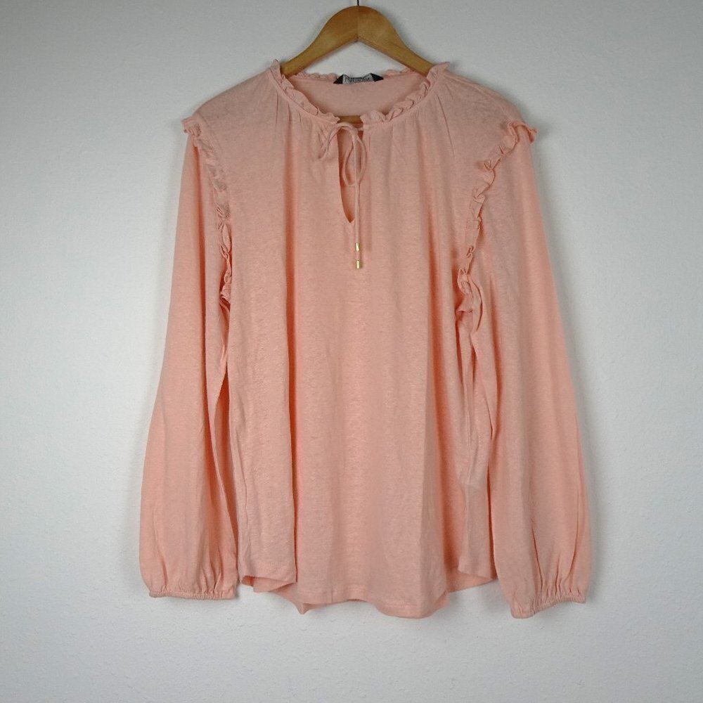 Ralph Lauren Linen Blend Top Women's Size XL Pink Ruffled Neck